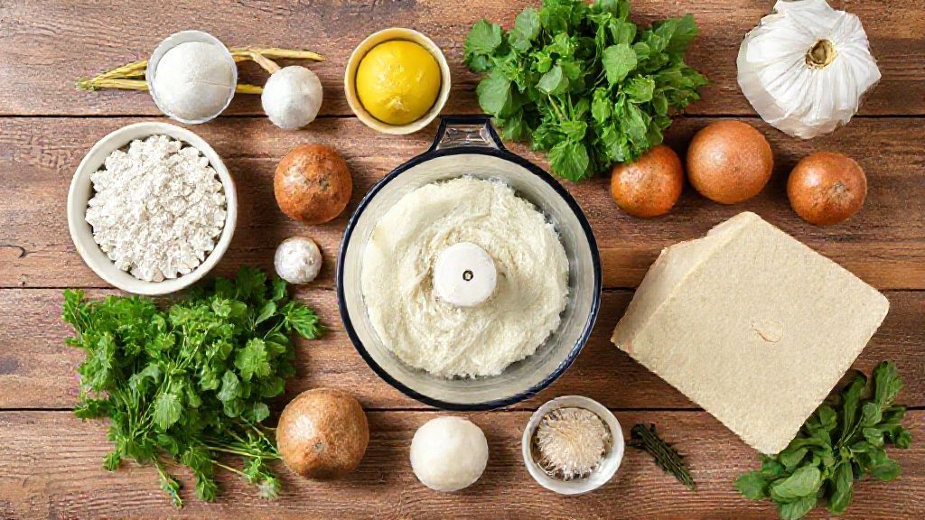 Visão de cima com farinha, ovos, leite, fermento e açúcar organizados sobre bancada de madeira.