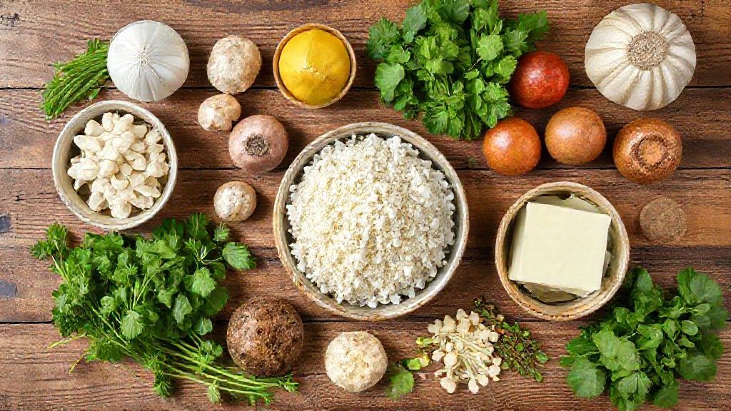 Visão de cima com mandioca cozida, farinha, ovos e fermento organizados sobre bancada de madeira.