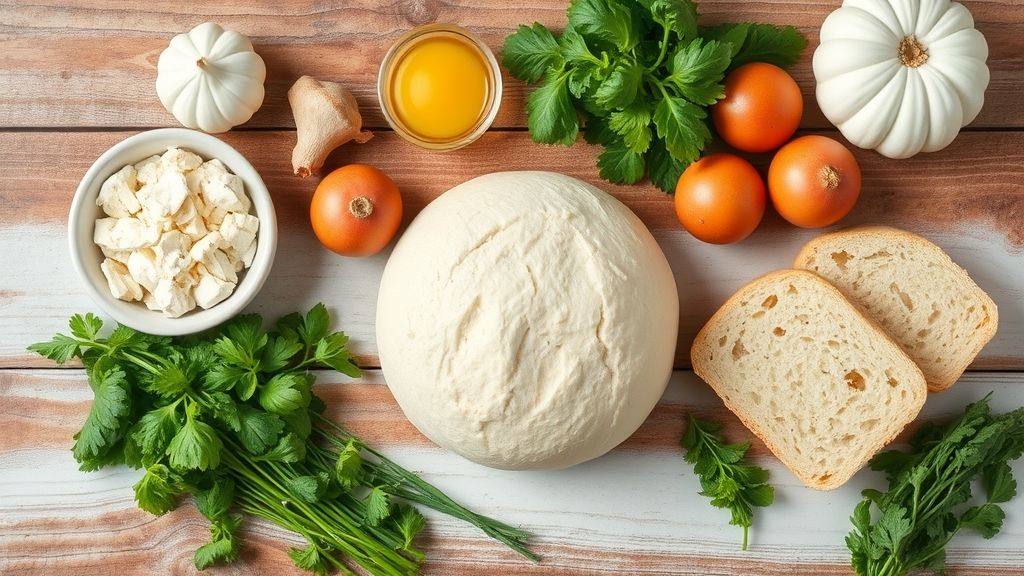 Visão de cima com os ingredientes dispostos em uma bancada de madeira — farinha, ovos, leite, fermento e óleo