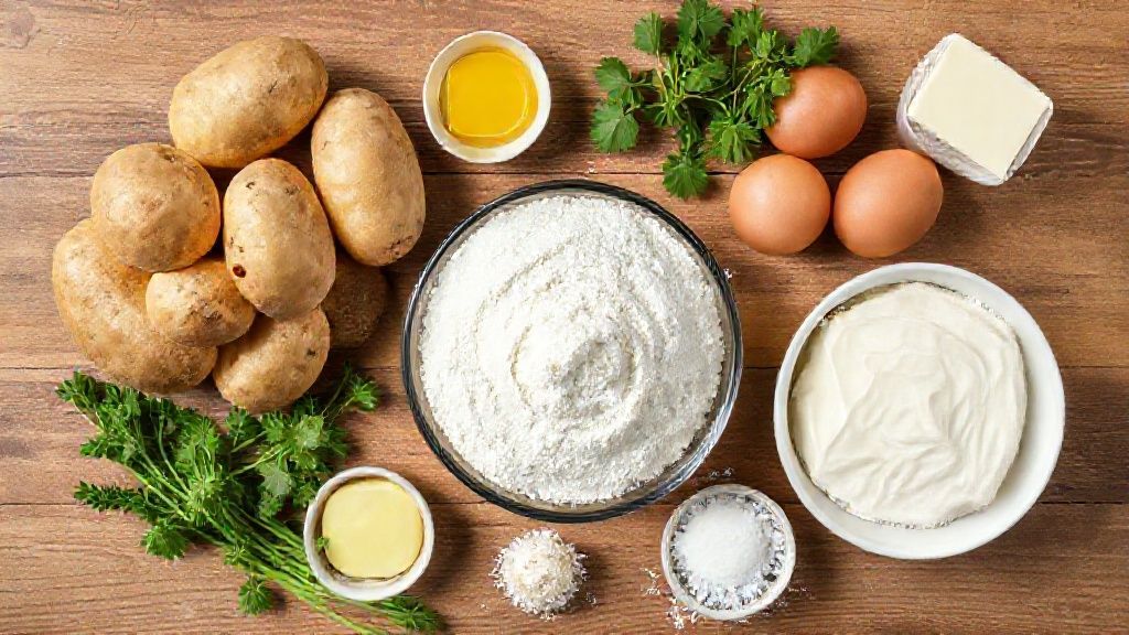 Visão de cima com batatas cozidas, farinha, ovos e fermento organizados na bancada