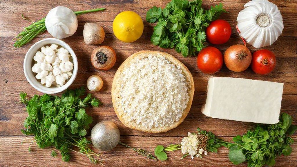 Visão de cima com os ingredientes do pão de calabresa organizados em uma bancada de madeira.