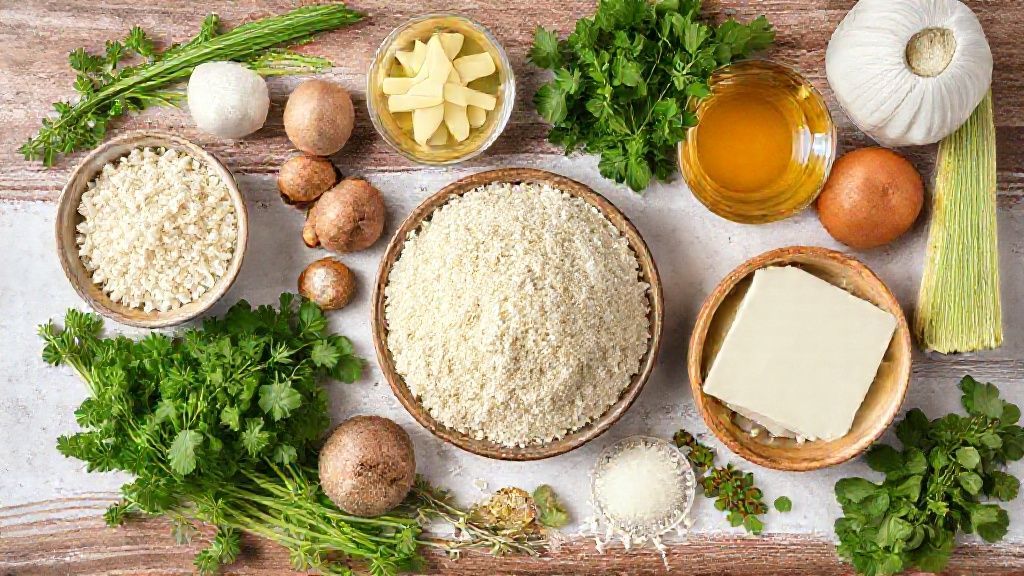 Ingredientes organizados sobre uma bancada — fubá, polvilho, leite vegetal, óleo e fermento.