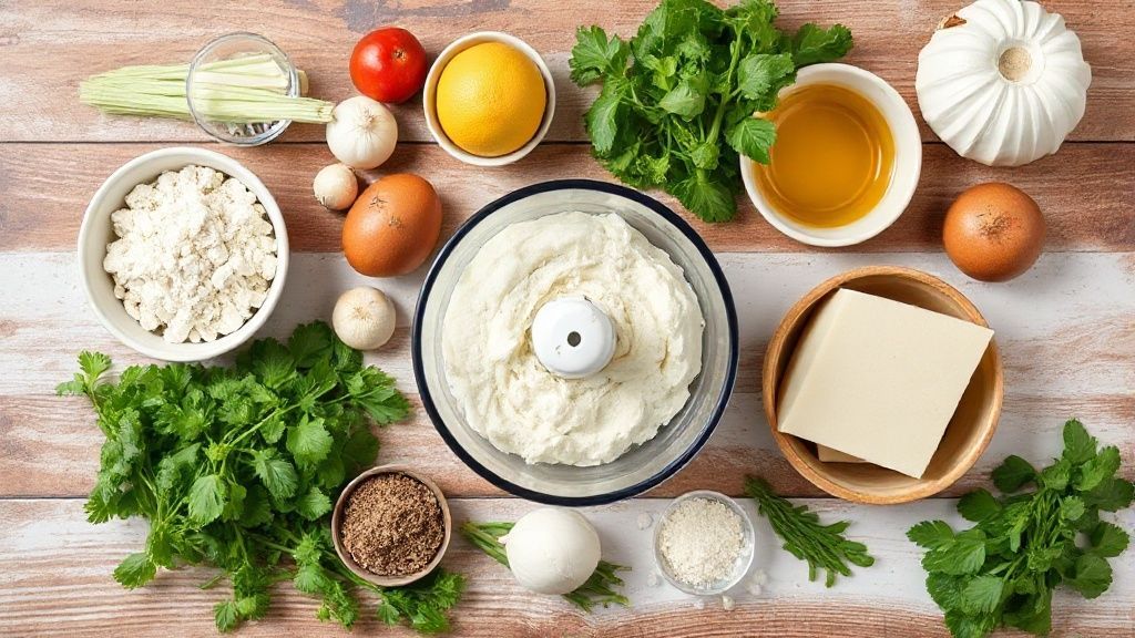Visão de cima com farinha, leite, ovos, óleo e fermento organizados em uma bancada de cozinha