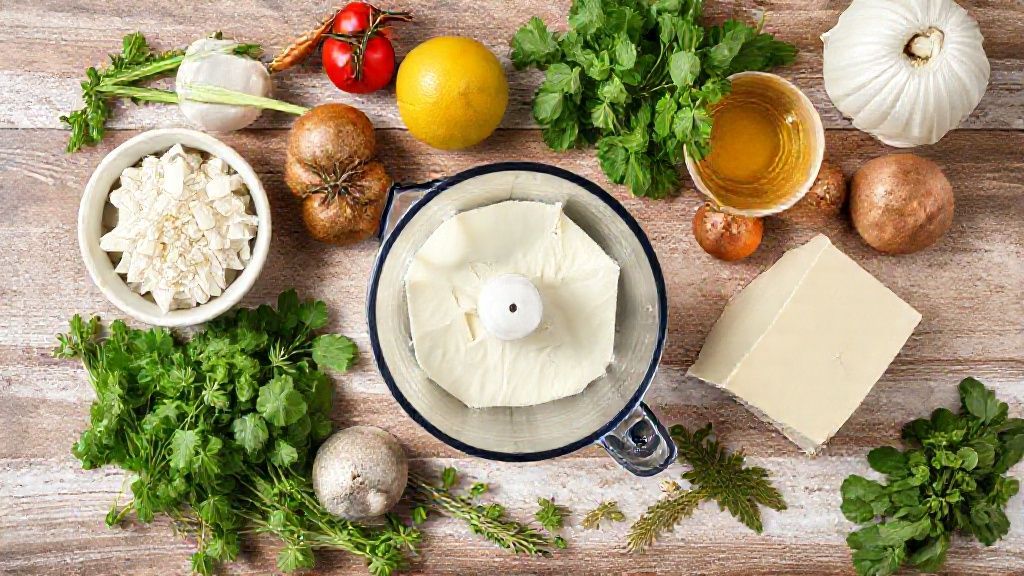 Visão de cima com polvilho, queijo, ovos e leite organizados em tigelas sobre bancada rústica