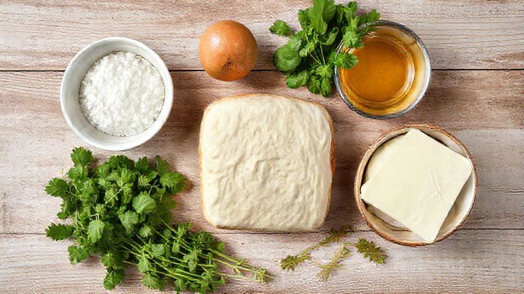 Visão de cima com farinha, iogurte e fermento organizados em uma bancada