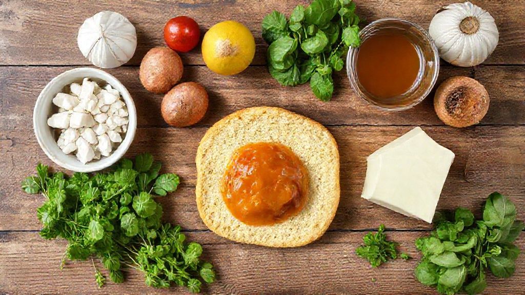 Ingredientes frescos do pão doce organizados em bancada rústica, vistos de cima.