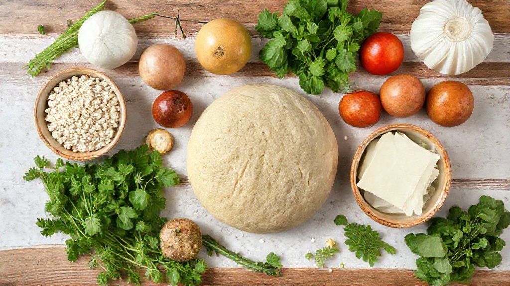 Vista de cima com todos os ingredientes do pãozinho de aveia organizados sobre bancada de madeira