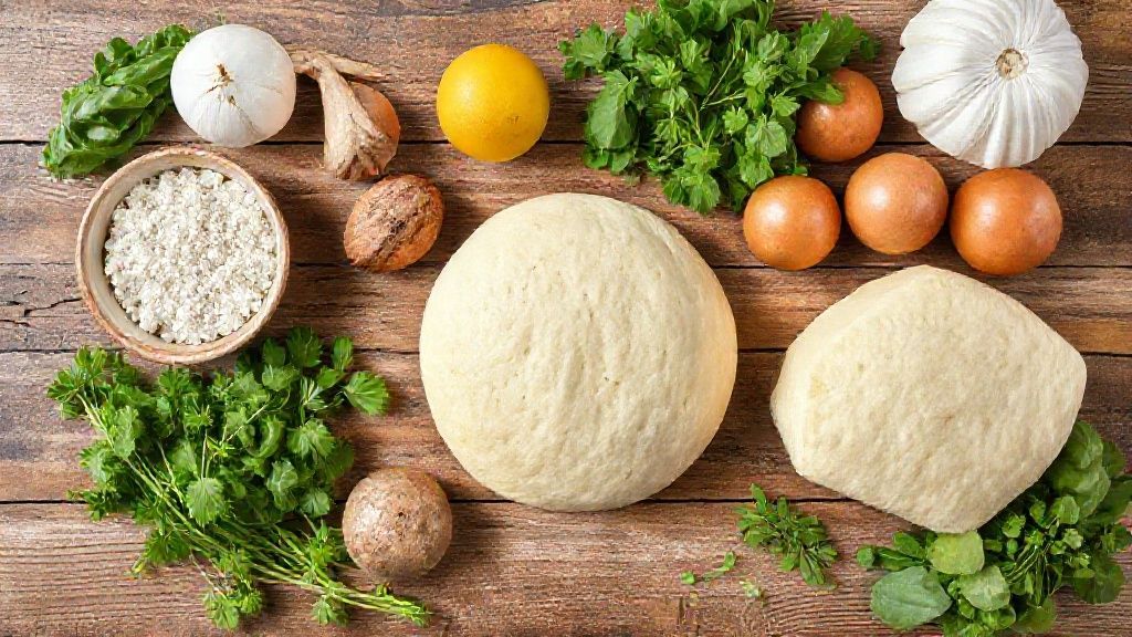 Visão de cima dos ingredientes medidos e organizados em potes sobre bancada de madeira rústica.