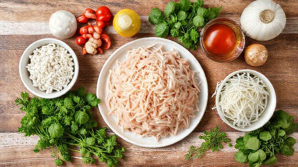 Vista de cima mostrando os ingredientes para a parmegiana de frango desfiado sobre bancada de madeira.