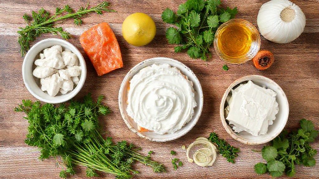 Visão de cima com os ingredientes da receita organizados em bancada rústica