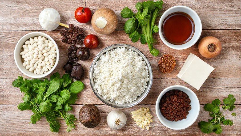 Visão de cima com os ingredientes do pavê crocante organizados em uma bancada de cozinha.
