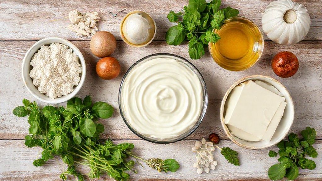 Vista superior com os ingredientes do pavê dispostos em tigelas sobre bancada de madeira