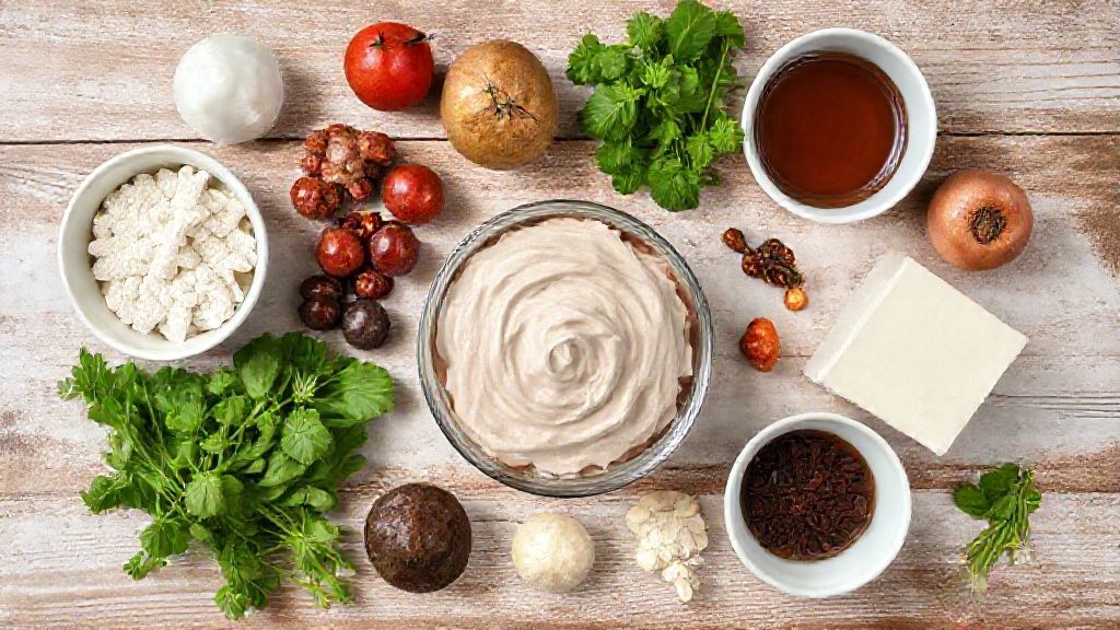 Visão de cima com os ingredientes da receita organizados em uma bancada