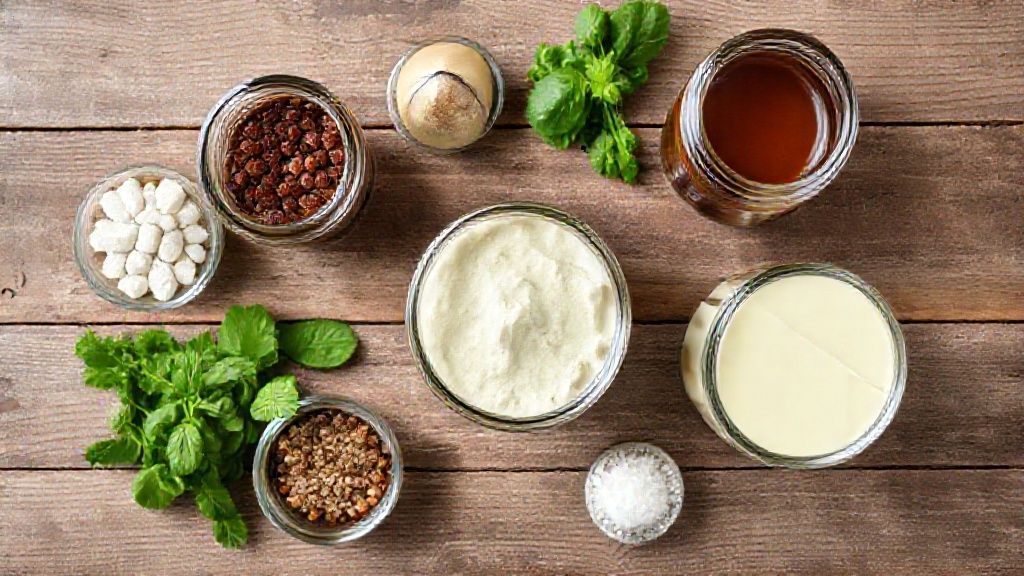 Ingredientes medidos organizados em uma bancada: leite condensado, creme de leite, chocolate, biscoitos e potes