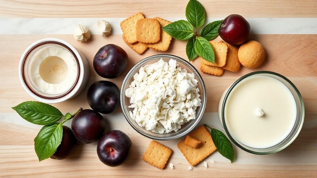 Ingredientes organizados em flat lay incluindo ameixas, coco ralado, biscoitos champagne, doce de leite e leite condensado