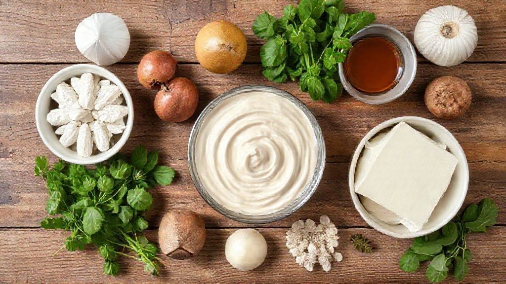 Visão de cima com os ingredientes do pavetone organizados em bancada de madeira com clima natalino