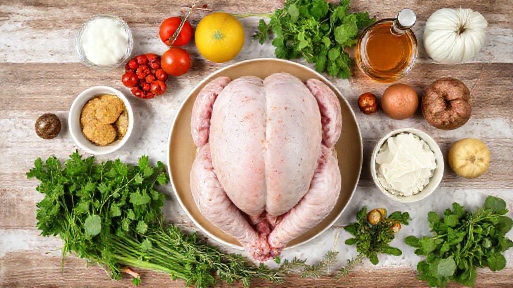 Visão de cima dos ingredientes organizados — peru, cerveja, ervas, temperos e limão sobre uma bancada rústica