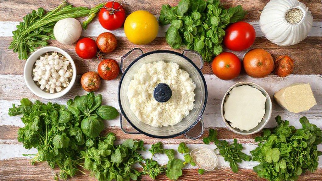 Vista de cima com ingredientes organizados para preparar a pizza de liquidificador, como farinha, ovos, fermento e calabresa