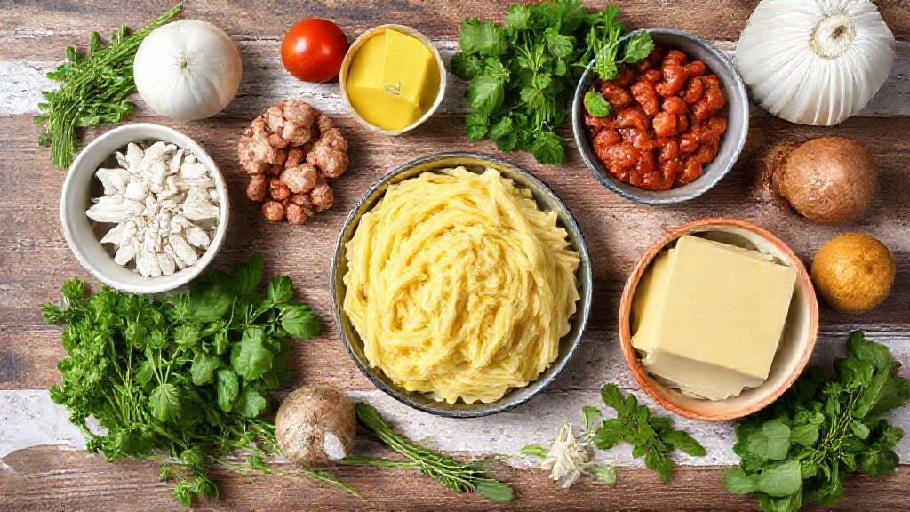Visão de cima com os ingredientes da polenta e do ragu organizados sobre bancada rústica