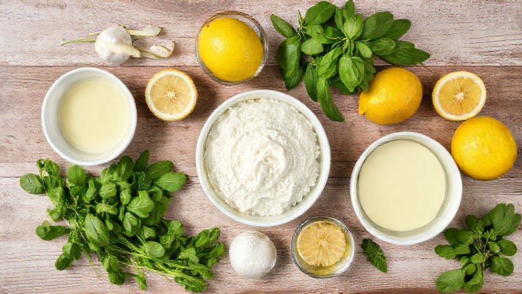 Ingredientes do pudim de limão sem forno organizados em bancada de mármore, com limões frescos, leite condensado e gelatina