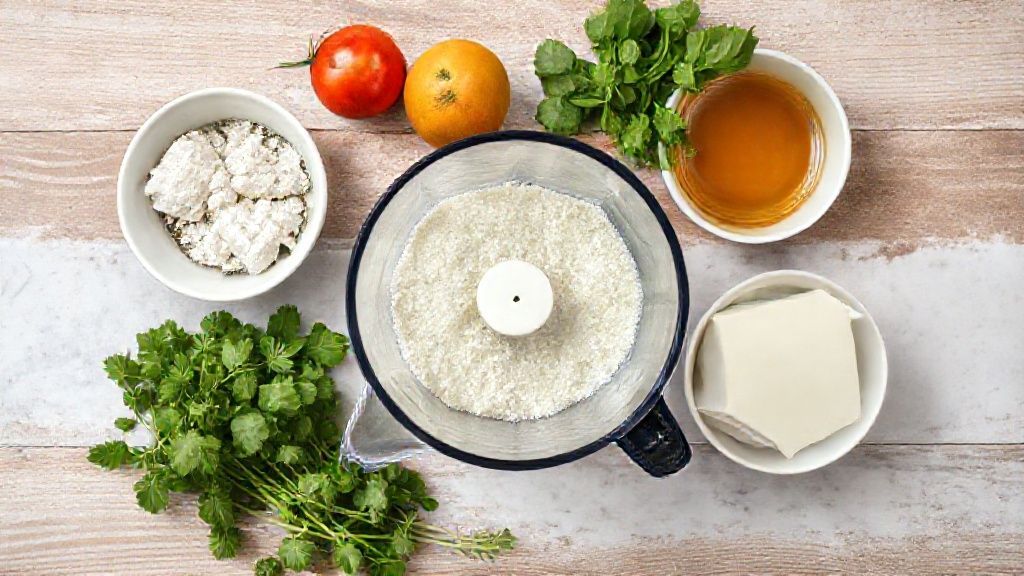 Visão de cima com ovos, leite condensado, leite e açúcar dispostos em bancada de mármore