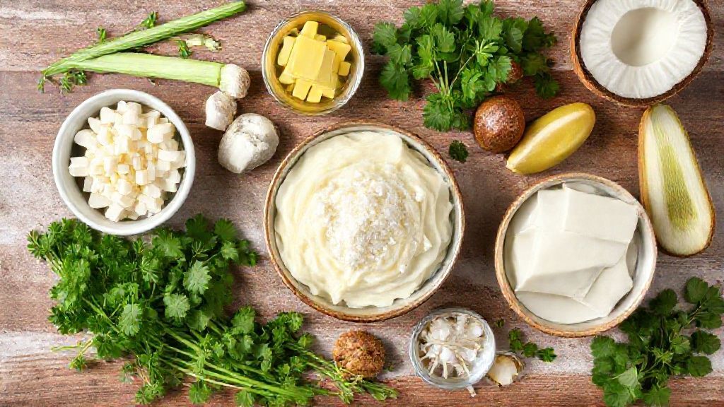 Ingredientes dispostos em bancada de madeira: milho, leite condensado, ovos, coco ralado, leite e açúcar