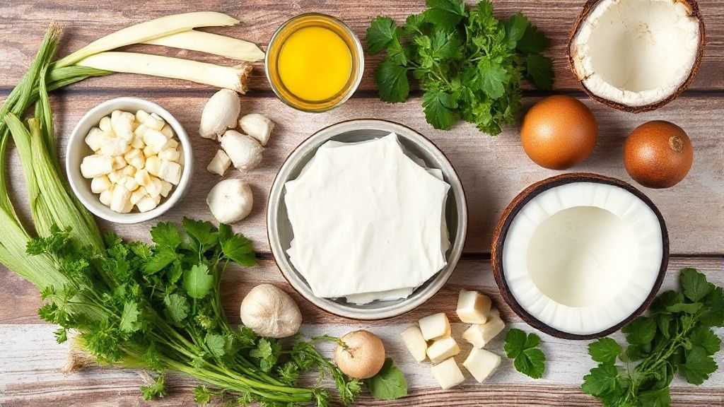Visão de cima com leite condensado, milho, leite, ovos e coco ralado organizados em bancada de cozinha