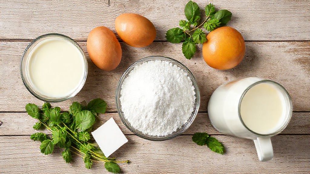 Visão de cima com leite condensado, ovos, leite e açúcar organizados em uma bancada