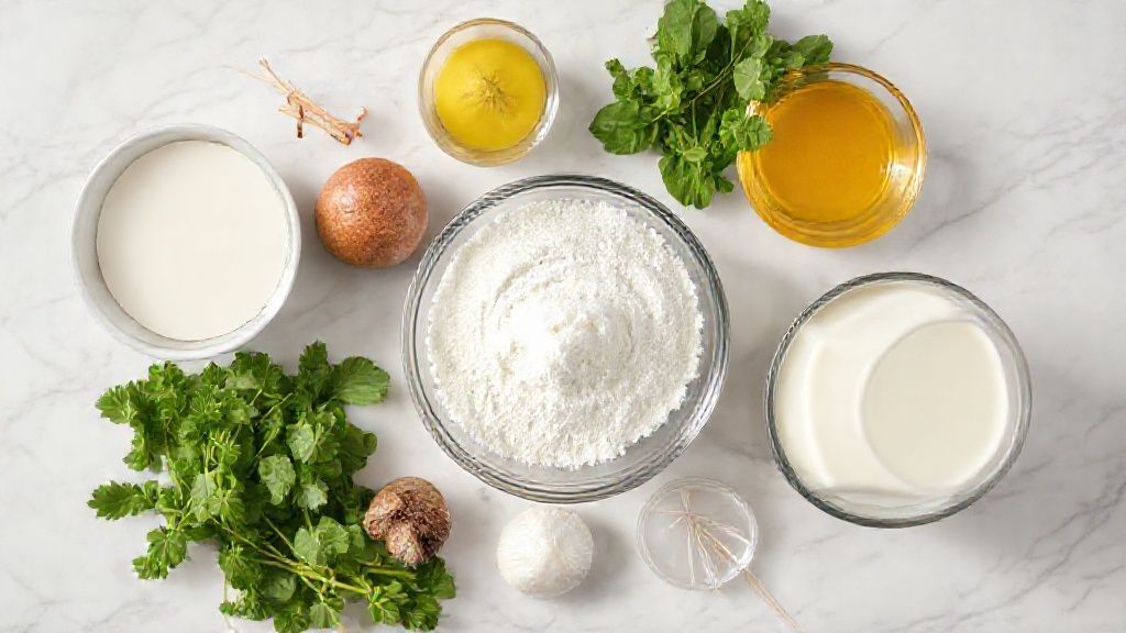 Ingredientes organizados em uma bancada de mármore — leite condensado, creme de leite, leite em pó, leite, gelatina e açúcar