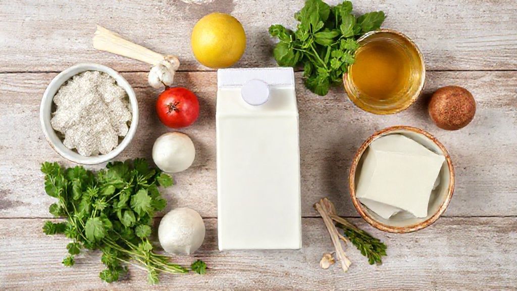 Visão de cima com os ingredientes da receita dispostos em tigelas sobre uma bancada de madeira clara