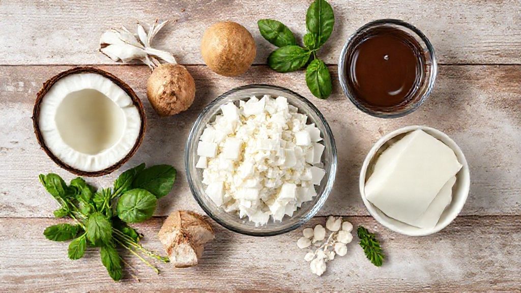 Ingredientes do pudim prestígio organizados em uma bancada de cozinha, com leite condensado, coco e chocolate