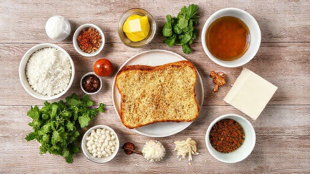 Visão de cima com pães, ovos, leite, açúcar, canela e doce de leite organizados na bancada