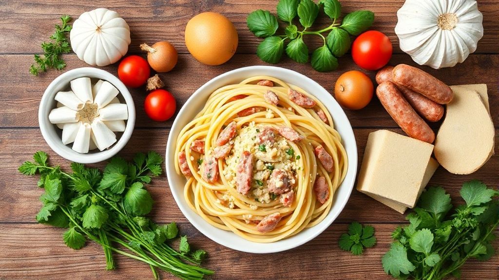 Visão de cima mostrando massa, calabresa, ovos, queijos e temperos dispostos sobre bancada rústica