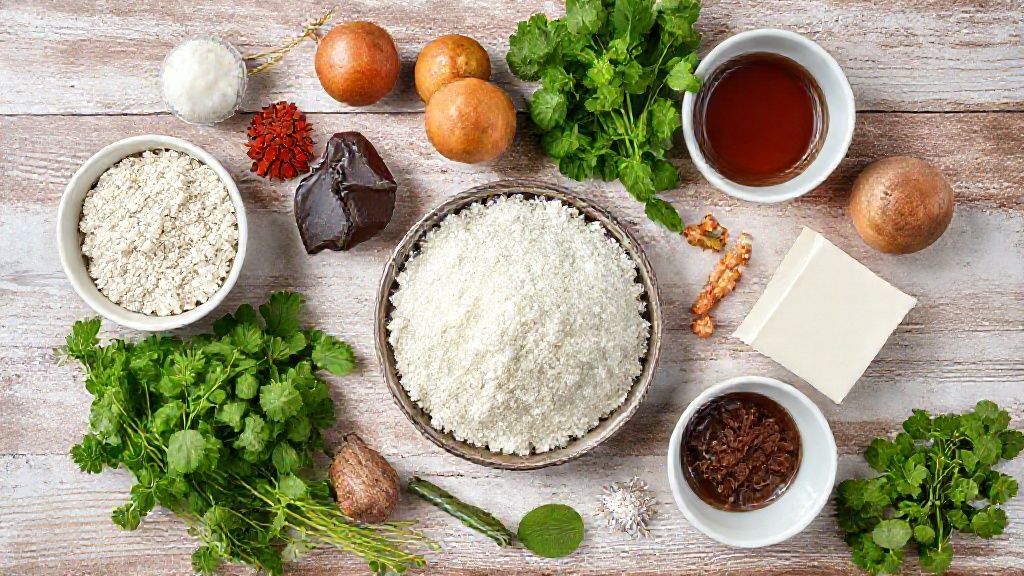 Visão de cima mostrando chocolate, doce de leite, manteiga e creme de leite organizados em uma bancada