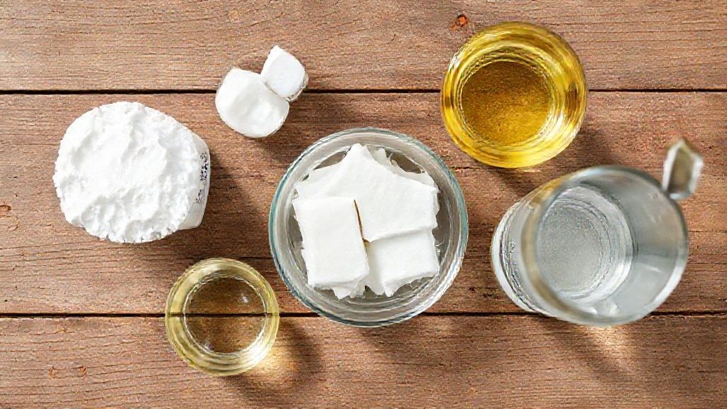 Visão de cima com soda cáustica, óleo usado, álcool e água organizados sobre bancada