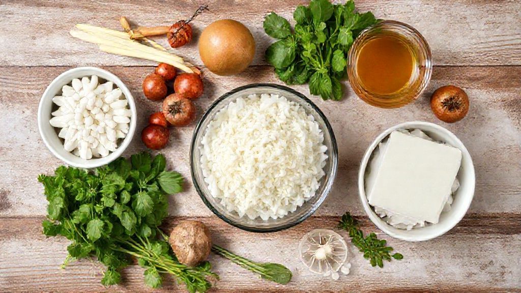 Visão de cima com sagu, vinho, açúcar e especiarias organizados sobre bancada de madeira