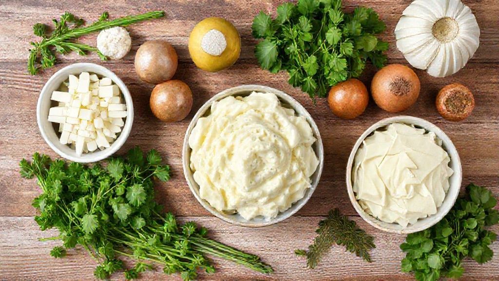Visão de cima com batatas, maionese, mostarda e ervas organizadas em uma bancada de cozinha rústica