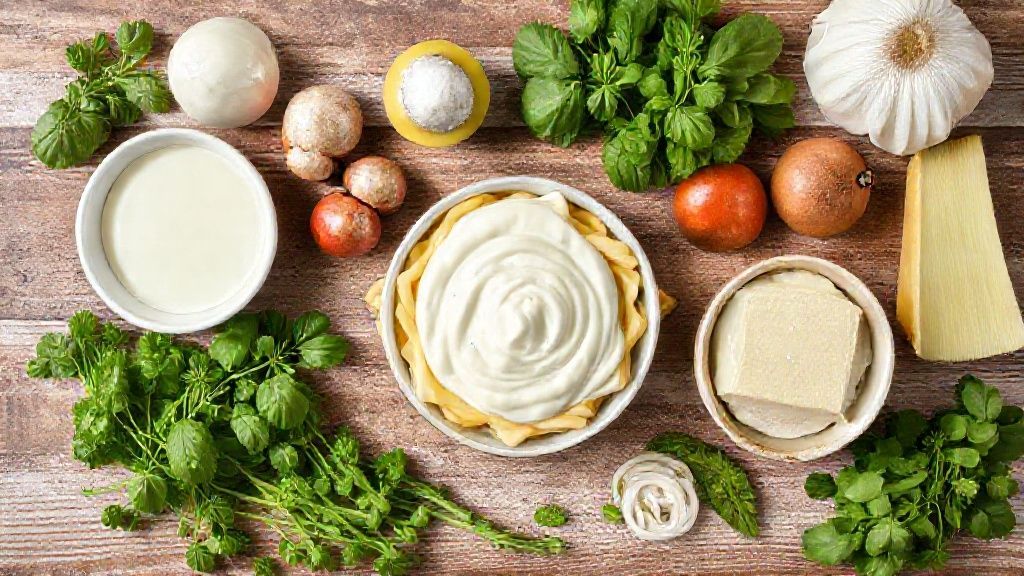 Visão de cima com os ingredientes da salada organizados sobre bancada rústica