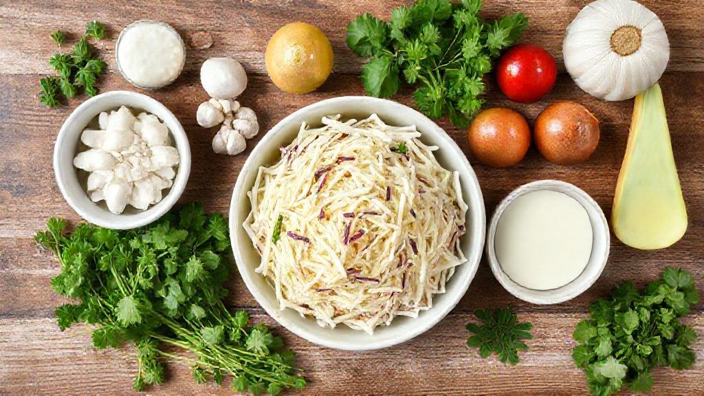 Visão de cima com repolho, cenoura, milho, iogurte e maionese organizados em bancada de madeira