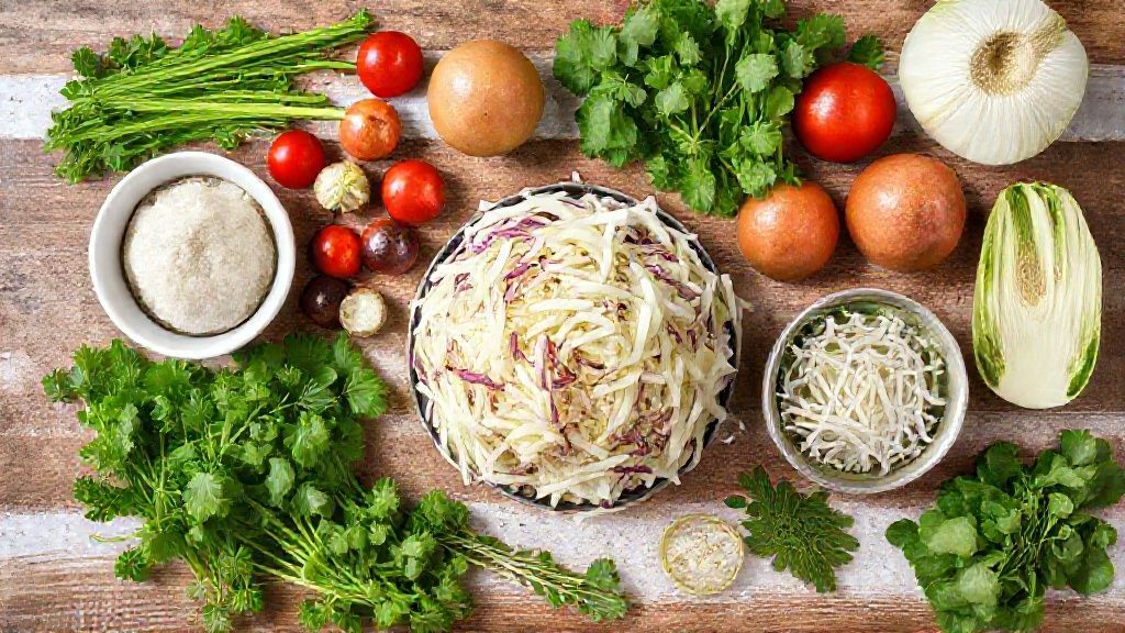 Ingredientes da salada de repolho organizados sobre bancada de madeira