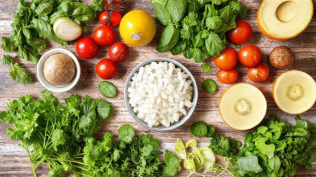Visão de cima mostrando alface, tomates, manga, palmito, limão e azeite dispostos em bancada