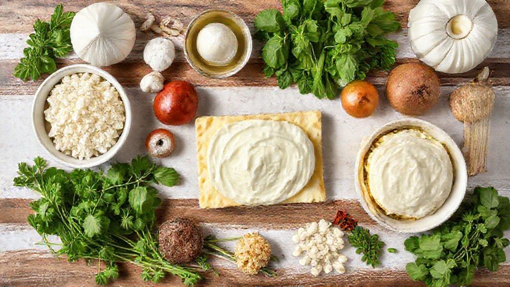 Ingredientes organizados em bancada: leite, farinha, queijo, presunto e catupiry