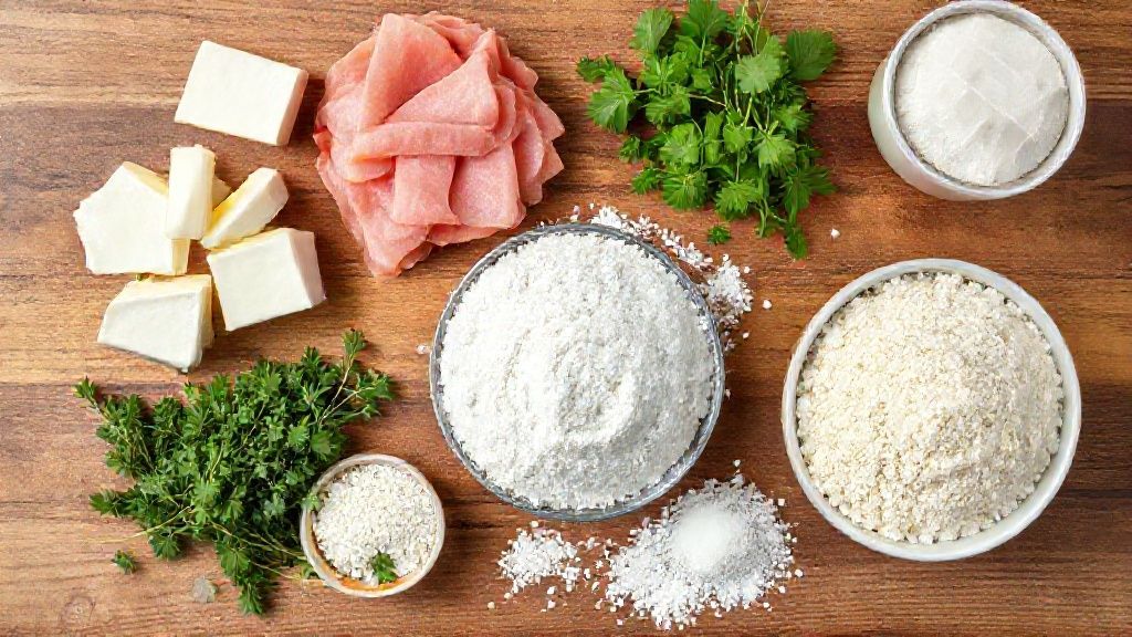 Visão de cima com os ingredientes da receita organizados em uma bancada