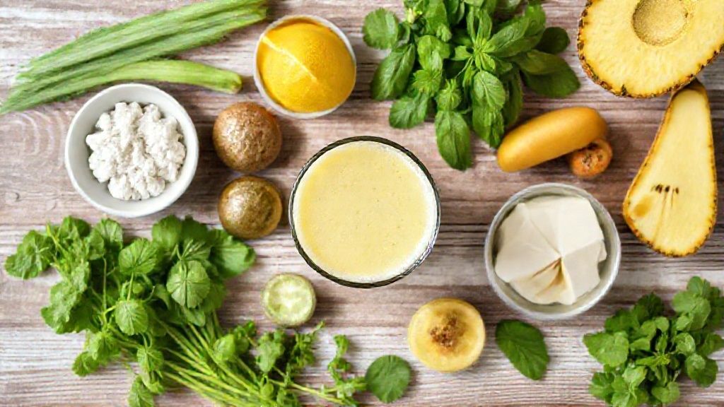 Ingredientes do smoothie — abacaxi, banana, iogurte, leite e mel — dispostos sobre bancada de madeira em visão de cima