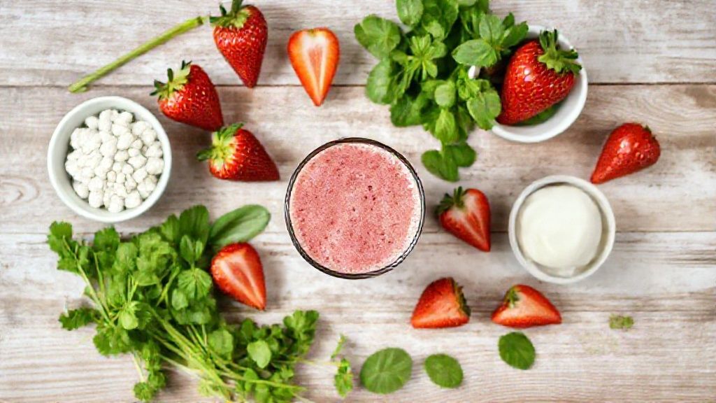 Visão de cima com morangos, banana, leite, iogurte e mel dispostos de forma organizada sobre bancada de mármore