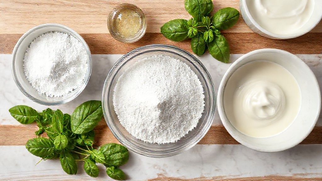 Visão de cima dos ingredientes organizados — gelatinas coloridas, creme de leite e utensílios em bancada rústica