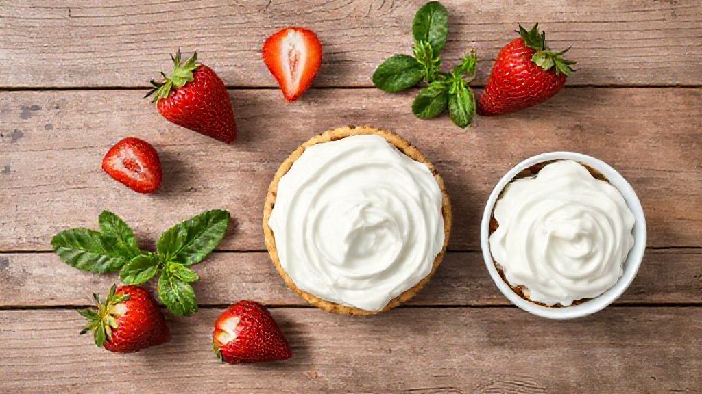 Ingredientes organizados sobre bancada — creme de leite e biscoitos de morango em visão superior