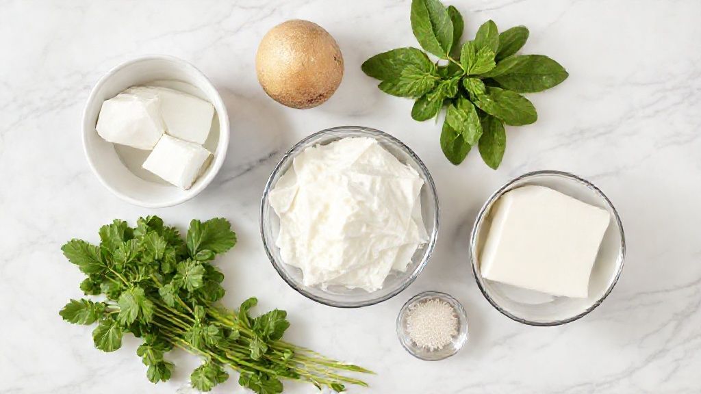 Visão de cima mostrando leite, leite condensado, gelatina e coco ralado organizados em bancada de mármore