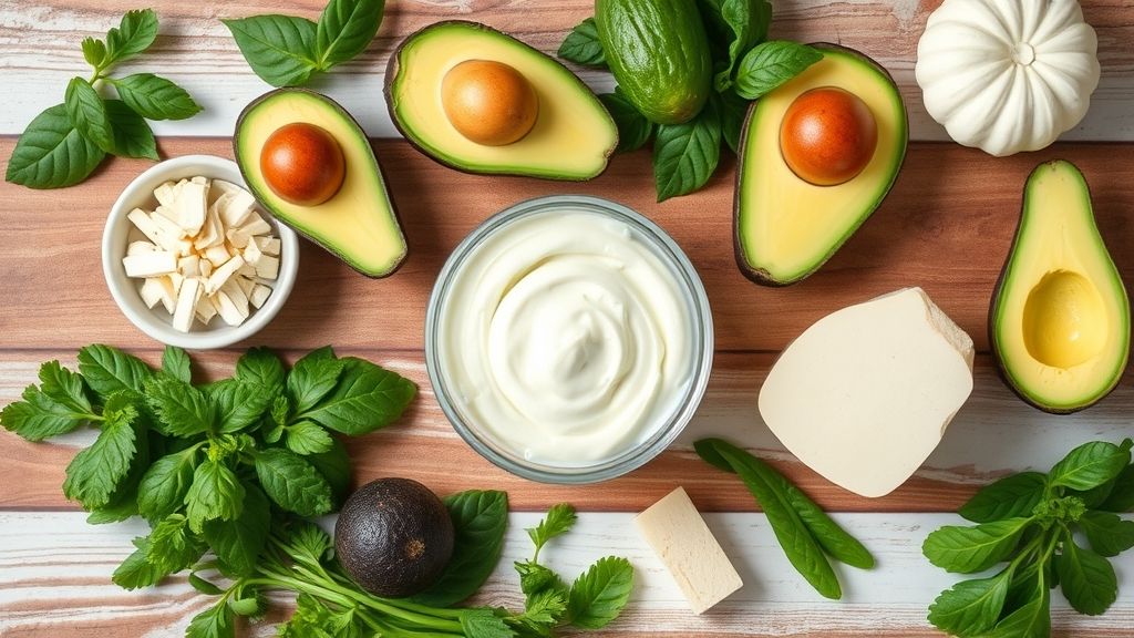 Visão de cima com abacate maduro, creme de leite e leite condensado organizados numa bancada de cozinha.