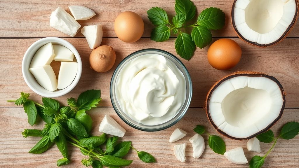 Vista de cima dos ingredientes da sobremesa de coco organizados em bancada: leite condensado, leite de coco, coco ralado e biscoitos